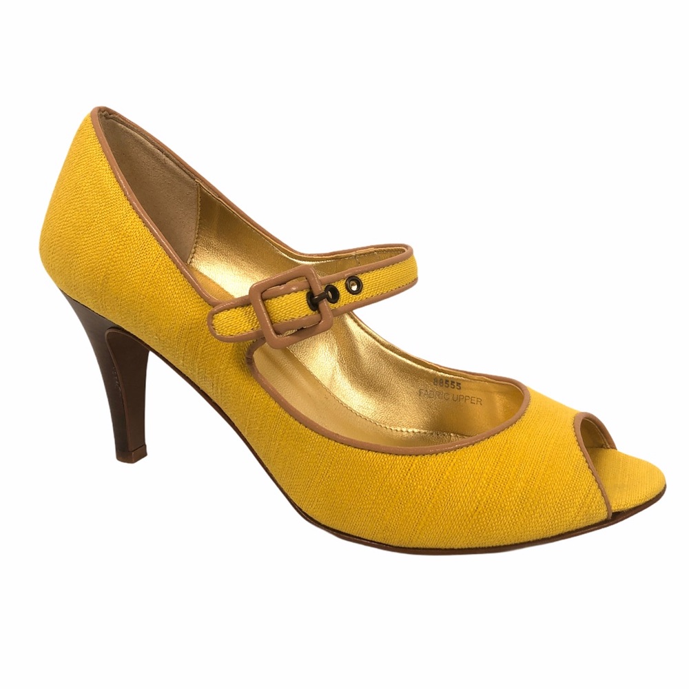 J. Crew  Mary Jane Peep Toe Heels Yellow Linen